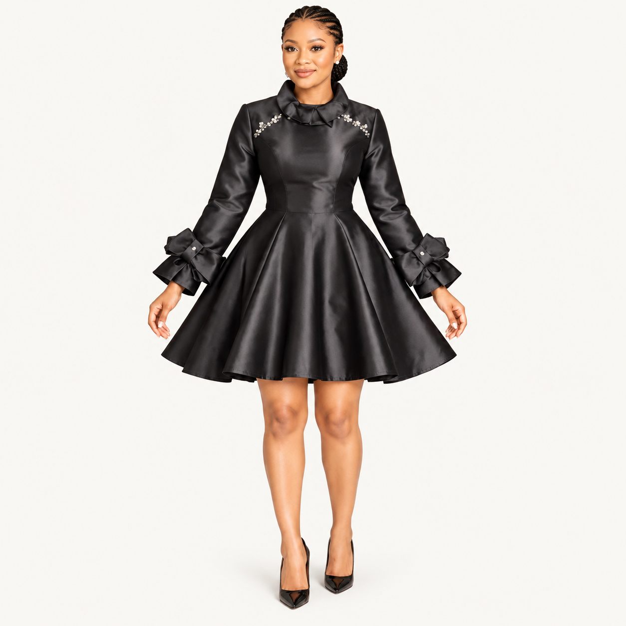 Full-length view of the black Gizia fit-and-flare dress