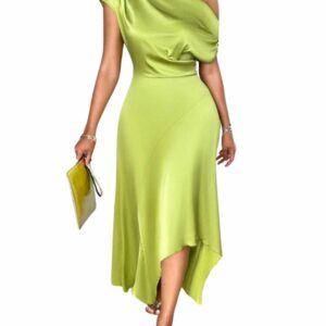 50% OFF. **Glow in Lemon Green: Your New Favorite Satin Dress!**