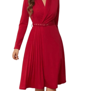 Classy Red Shawl Collar Pleated Hem Belted Dress