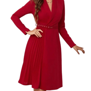 Classy Red Shawl Collar Pleated Hem Belted Dress