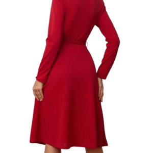 Classy Red Shawl Collar Pleated Hem Belted Dress