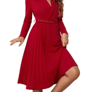 Classy Red Shawl Collar Pleated Hem Belted Dress