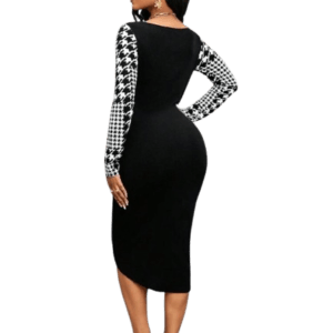 Black and White Lady Office Dress Houndstooth Print Asymmetrical Hem Bodycon Dress, Figure fitting