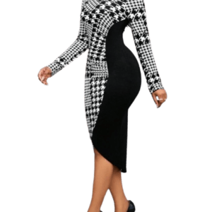 Black and White Lady Office Dress Houndstooth Print Asymmetrical Hem Bodycon Dress, Figure fitting