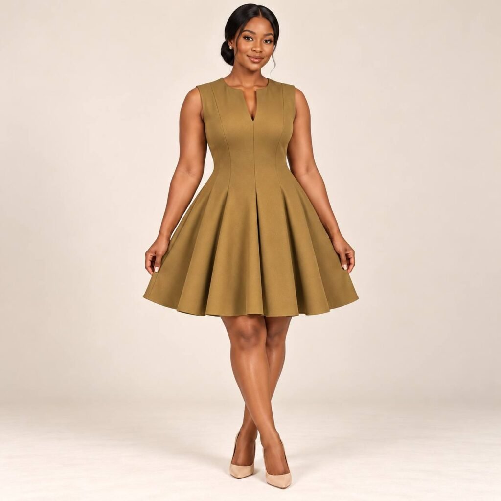 adL olive sleeveless flare dress, front view on model
